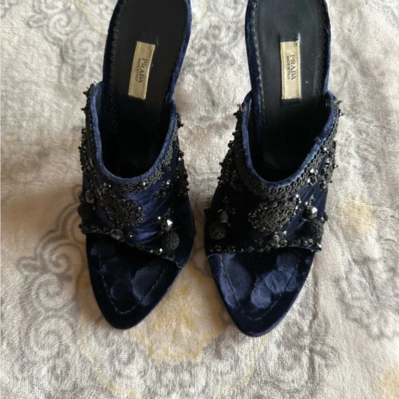 Prada Navy Beaded Velvet Heels - Picture 3 of 6